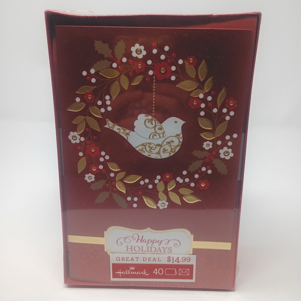 Hallmark Happy Holidays Christmas Cards Boxed Set 40 Count White Dove Wreath Red
